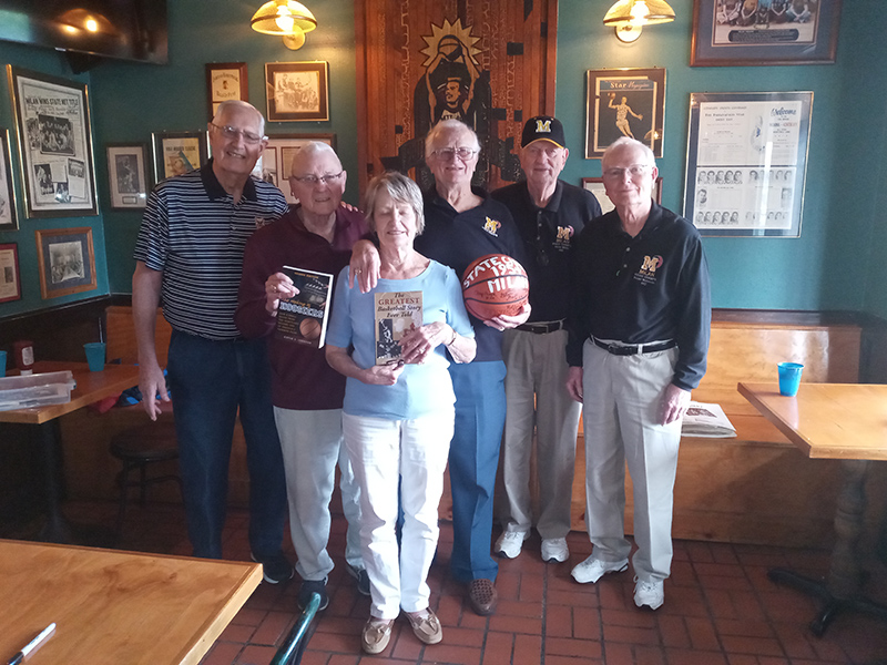 Team members (pictured Rear L-R) Rollin Cutter, Ray Craft, Bobby Plump, Gene White, and Roger Schroder (in Front) Cheerleader, Patty 