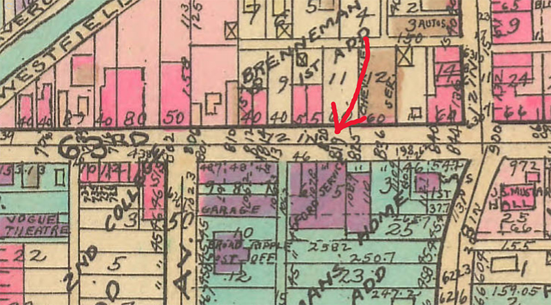 from the 1941 Baist map. Red arrow points to current OPT building at 827 BR Ave, map shows that as 819. Map says Ford Service because in the 40s it was Hoster-Roberts Ford.