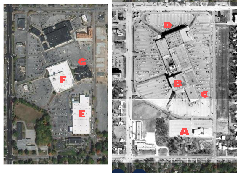 Left: Current photo - E: Lowes, F: Target, G: Landmark Theater.<br>Right: 1970: A: Glendale Cinema, B: Wm H. Block, C: Standard Grocery, D: LS Ayres.