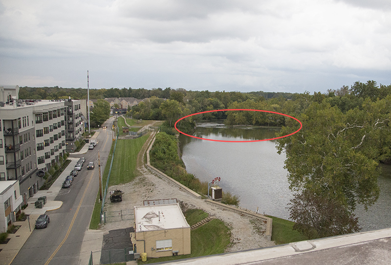 Looking to the north toward the dam on the White River (circled in red)