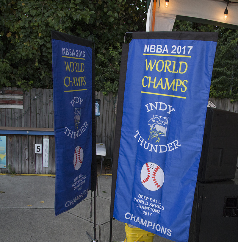 A few of the five World Series banners for the team