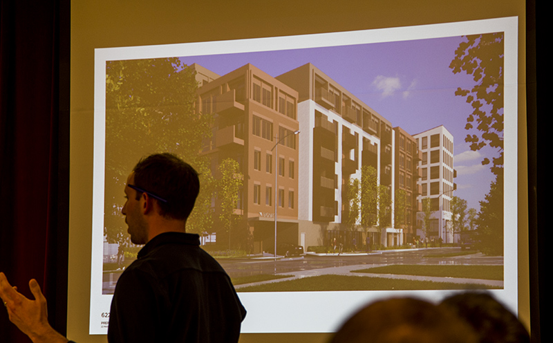 This rendering shows the new lower design for the southeast corner of the building.
