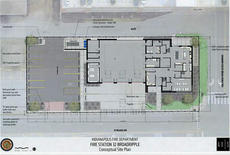 The layout of the proposed station showing the parking lots and curb cuts along College and the alley.