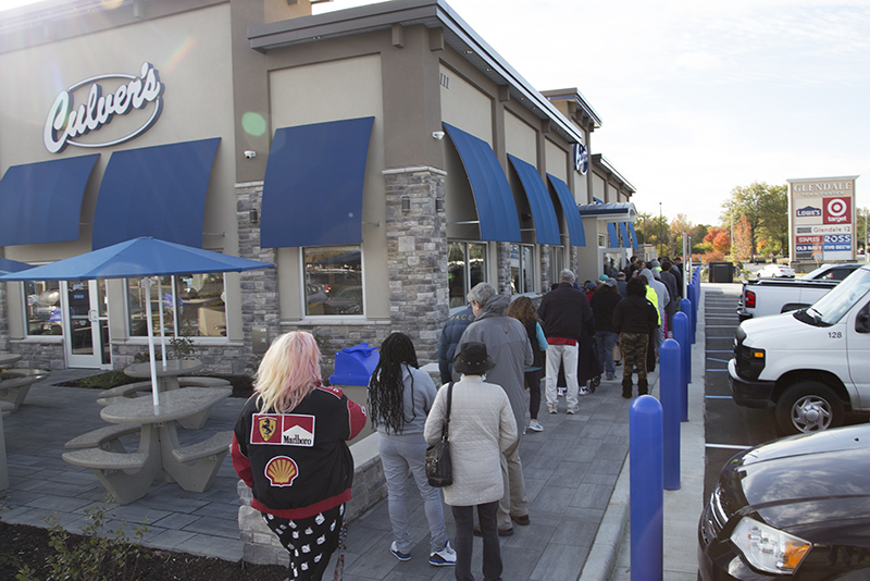 A long line to get the free coupons at 10:30am