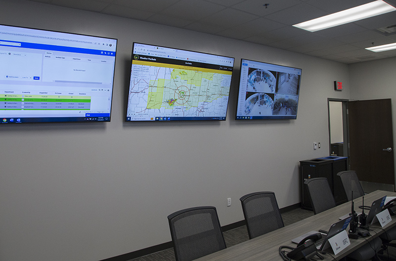 Some monitors in the new Public Safety room