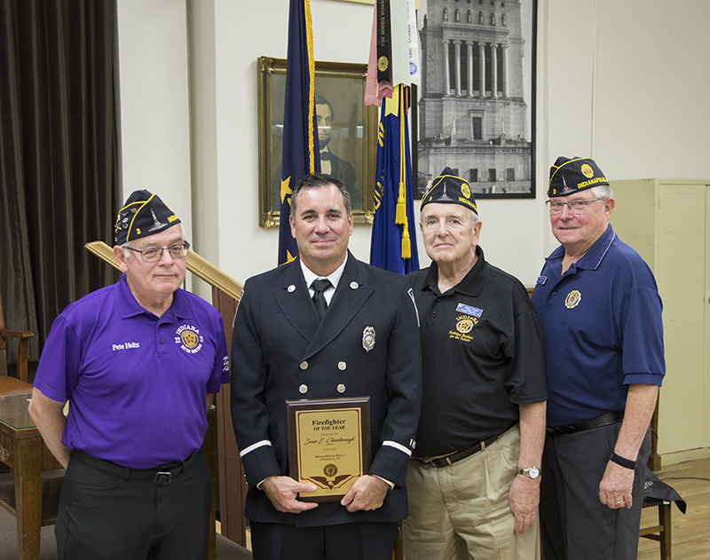 Post Commander Pete Holtz, Lieutenant Sean Chesebrough, Indianapolis Fire Department, Sergeant-At-Arms Jerry Traub, and Finance Officer Dan Cunningham, PPC