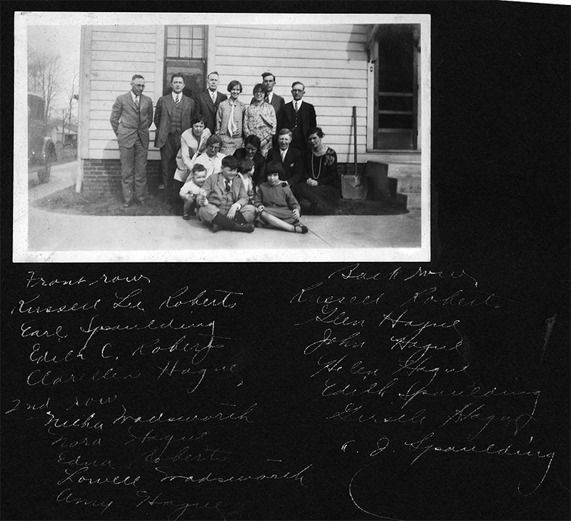 Many Hagues at the 6257 Guilford house. A.J. Spaulding at back, far right. Edith first woman next to him. My grandfather Girstle is in between them.