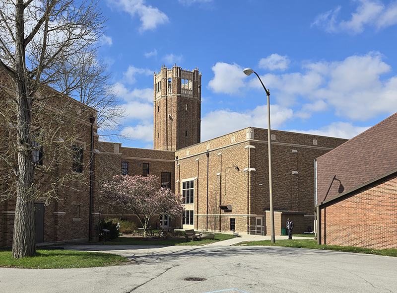 The tower as seen from the rear of the school