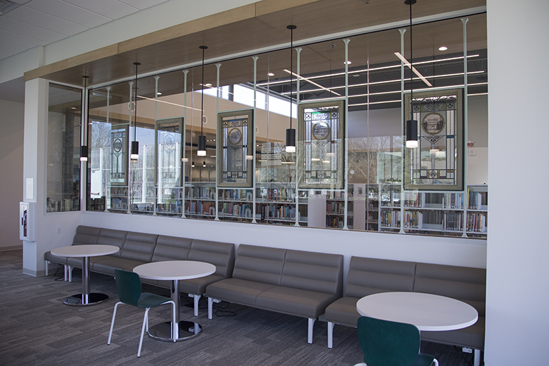 The stained glass windows from the old library reading room. They were donations from Fox Studios