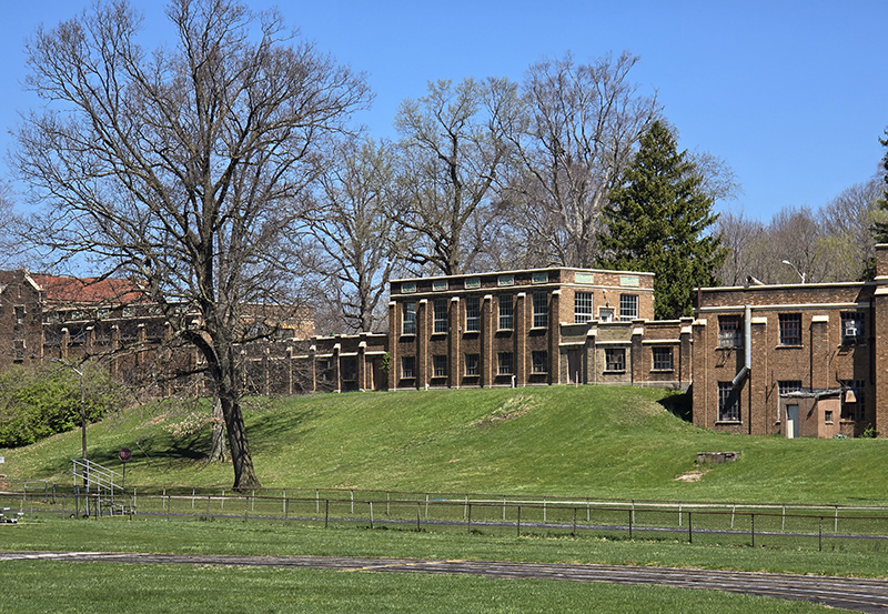 The west side of the vehicle repair building