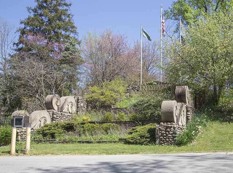 The scrolls at the College Avenue entrance, moved from the original 1853 Blind School building entrance steps on North Street between Meridian and Pennsylvania.