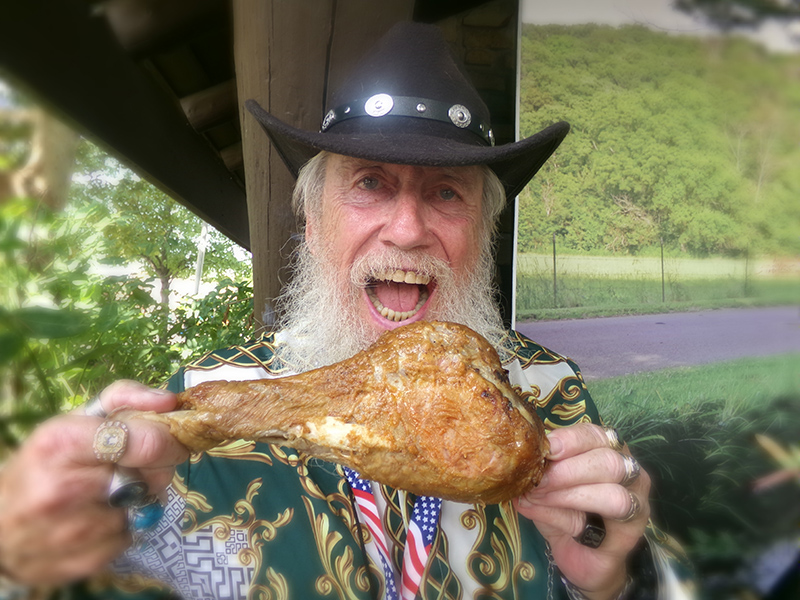 Frog enjoys a turkey leg from Gobble, Gobble