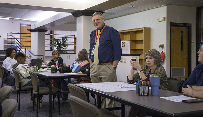 Broad Ripple IB Middle School interim principal Jeremy Baugh talking to parents