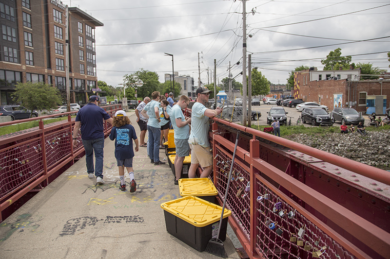 The duck handlers are ready on the Monon Trail bridge