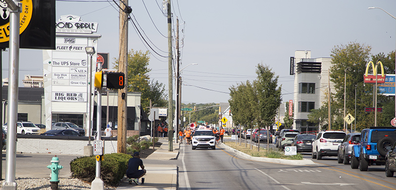 The parade approaching on Broad Ripple Avenue