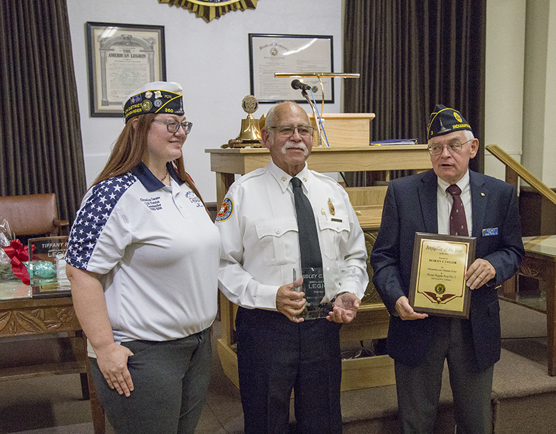 District 11 Commander Christina Owens, IFD Battalion Chief Dudley Taylor, and Post 3 Commander Pete Holtz