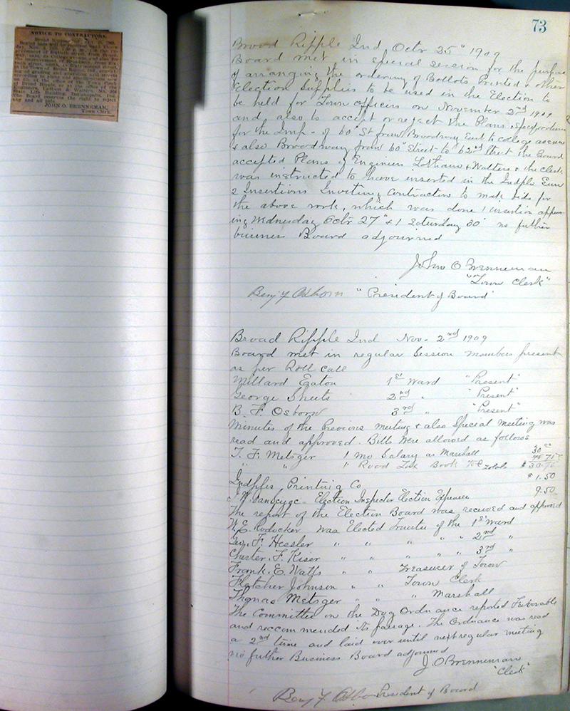 Newspaper clipping in Minutes Book