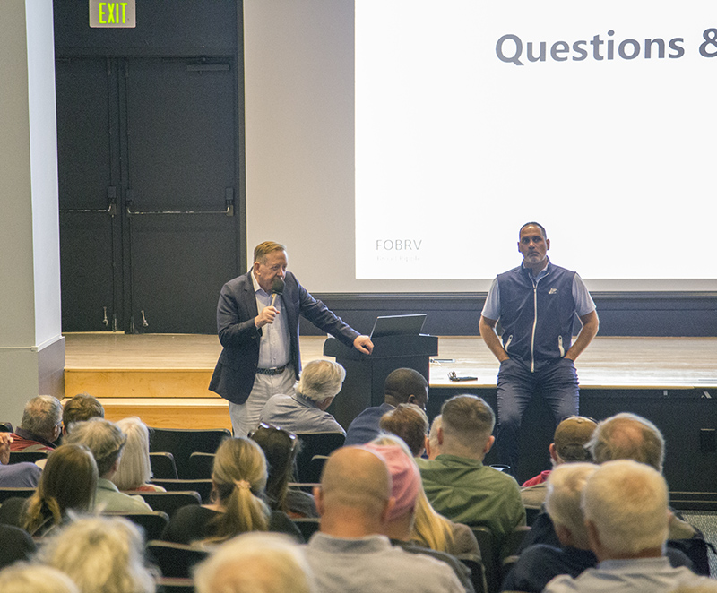 Mayor Brainard and Bo Boroski of FOBRV answering audience questions
