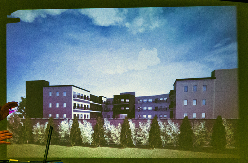 Rendering showing the south side that faces the neighbors with an 18-foot privacy wall.