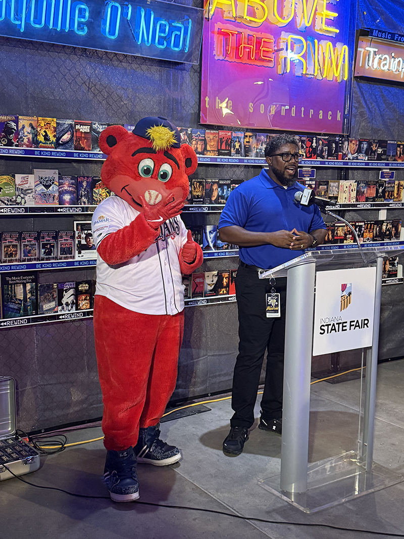 Indianapolis Indians mascot Rowdie with LeRoy Lewis III welcoming the media to the event.