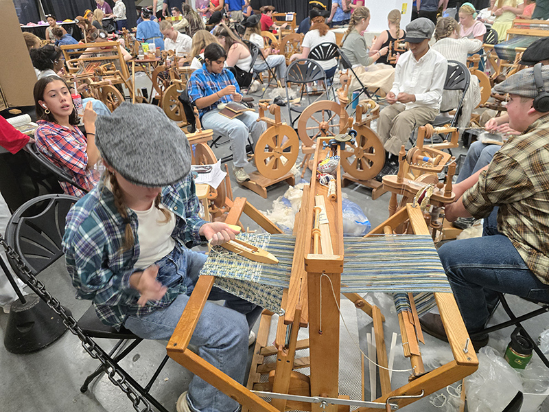 There were many themed groups in the Indiana Arts building spinning wool and weaving in the Sheep to Shawl contest.